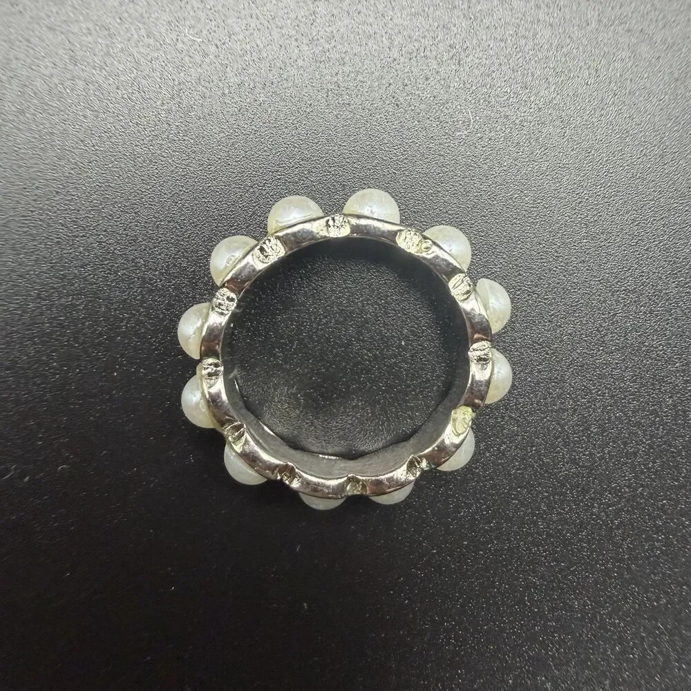 VTG Silver Tone Pearl Eternity Ring Band Scalloped Stackable Statement Size 5.75